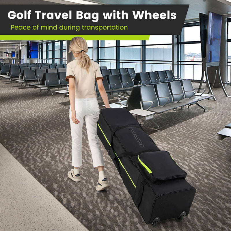 COSTWAY Wheeled Golf Travel Bag, Soft-Sided Travel Cover with 3 Handles, Extra Storage Pocket, Zipper and Key, Foldable Golf Club Stand Bags - Golf Gift