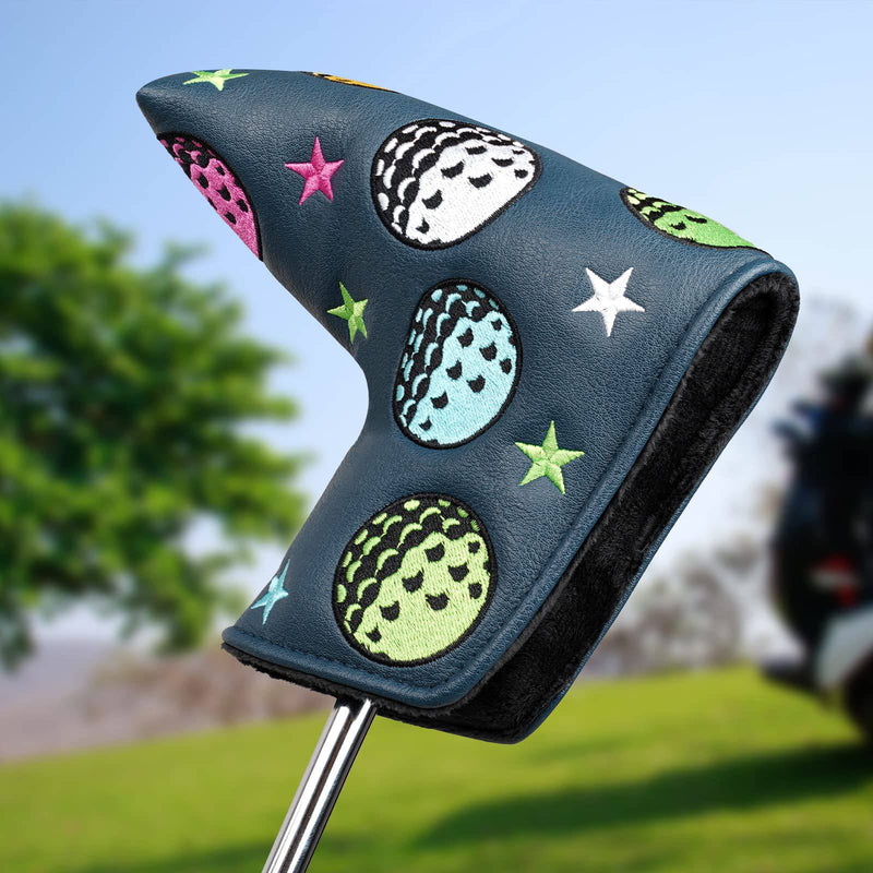 Golf Blade Putter Head Cover Magnetic Fit for Scotty Cameron Taylormade Odyssey Dark Blue PU Leather Colorful Ball Pattern - Golf Gift