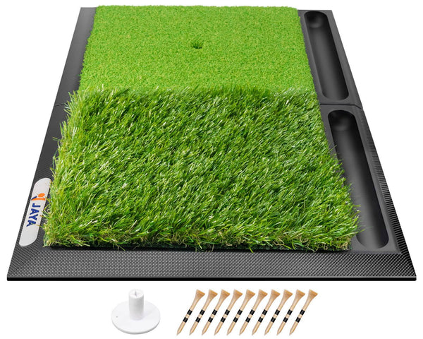 JAYA Golf Hitting Mat with Ball Tray, Heavy Rubber Base, Fairway & Rough Turf Golf Training Mat, Golf Tees and Rubber Tee Holder Included, Portable Golf Practice Mat for Indoor and Outdoor - Golf Gift