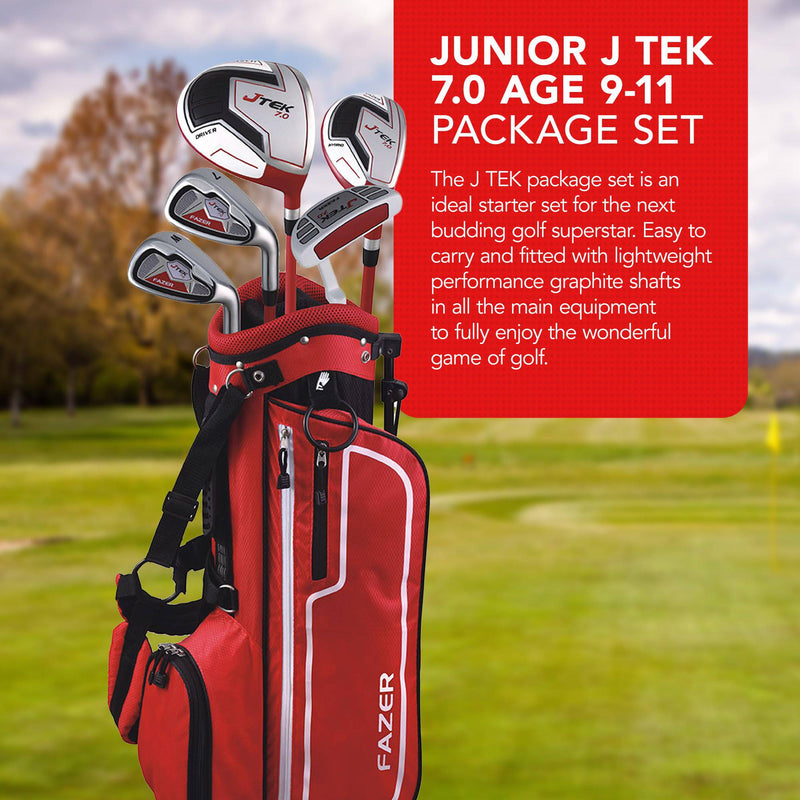 FAZER Junior J TEK 7.0 Kids Golf Set with Oversize Driver, Hybrid, 7 Iron, Wedge, Putter, Bag & Headcovers - Lightweight Graphite Shafts, Soft Grips - Starter Kids Golf Clubs Ages 9-11 - Golf Gift