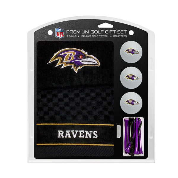 TEAM GOLF NFL Baltimore Ravens Gift Set: Embroidered Golf Towel, 3 Golf Balls, and 14 Golf Tees 2-3/4" Regulation, Tri-Fold Towel 16" x 22" & 100% Cotton - Golf Gift