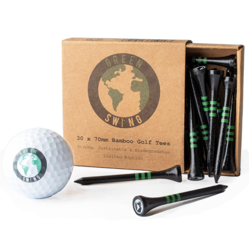 Green Swing Bamboo Golf Tees 70mm | Strong Sustainable Biodegradable | 30pcs (Black) - Golf Gift