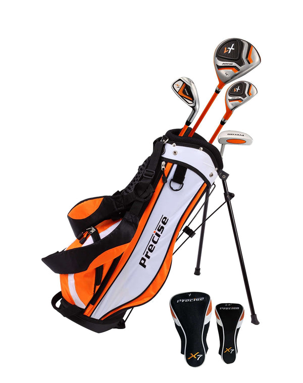 Precise Distinctive Right Handed Junior Golf Club Set for Age 3 to 5 (Height 3' to 3'8") Set Includes: Driver (15"), Hybrid Wood (22*), 7 Iron, Putter, Bonus Stand Bag & 2 Headcovers - Golf Gift