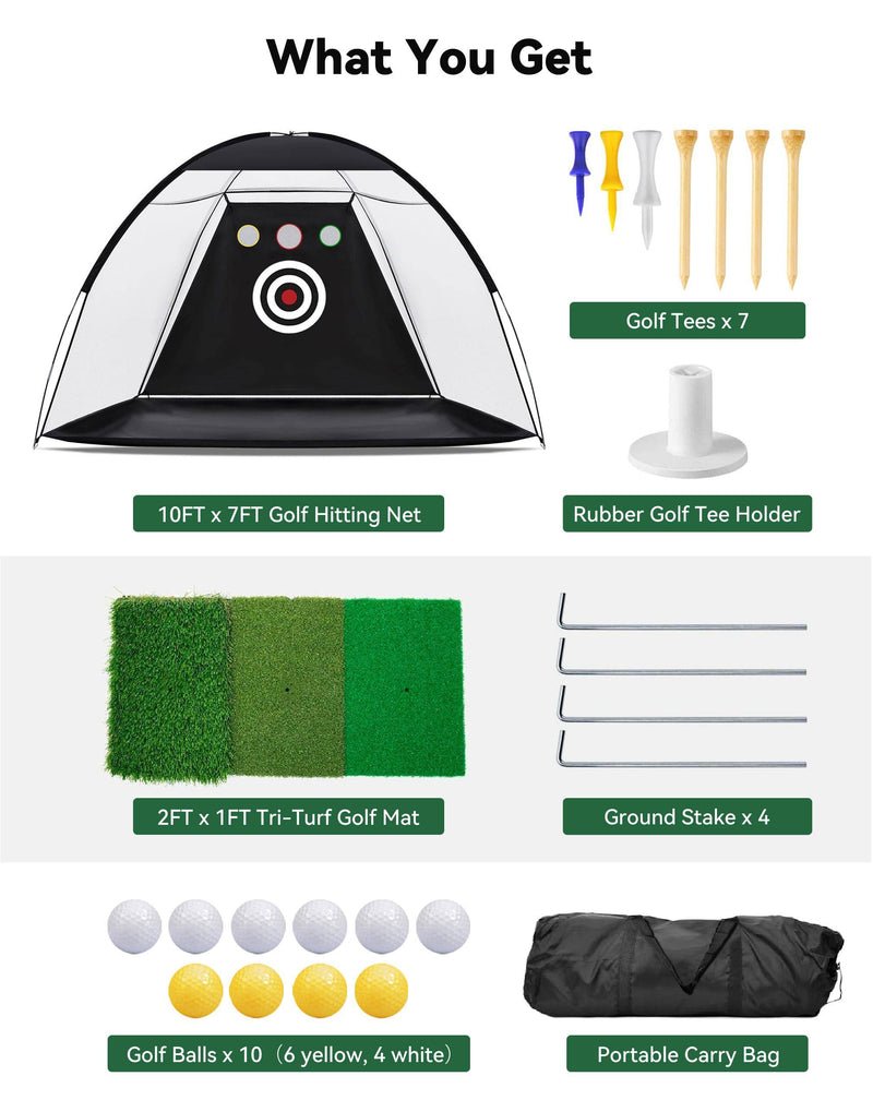 10x7ft Golf Practice Net, Golf Nets for Backyard Driving with Triple Turf Golf Mat, Outdoor Indoor Golf Hitting Net with 10 Practice Golf Balls, Multiple Targets Golf Training Aid Net Accessories - Golf Gift