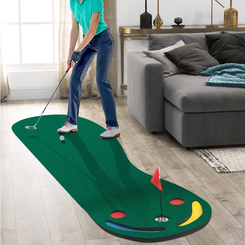 COSTWAY Golf Putting Green Set, Par Three Putting Mat with 3 Putting Cups, 1 Flag and Golf Hole Covers, Indoor Outdoor Putt Green Carpet for Golf Putting Practice - Golf Gift