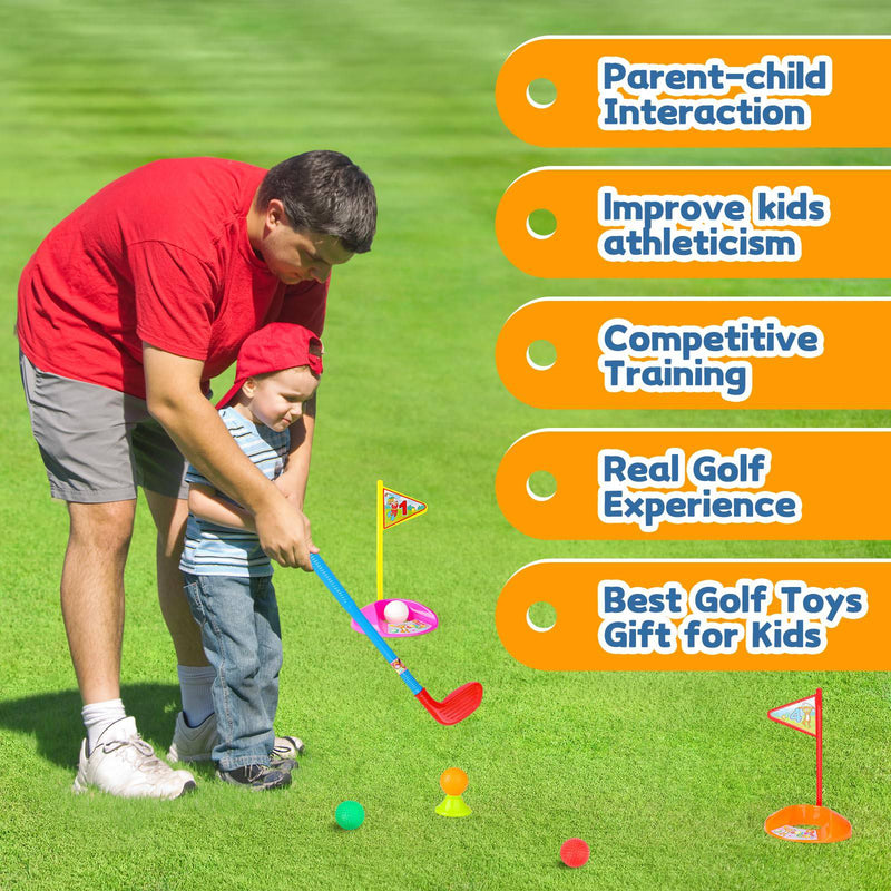 deAO Young Golfers Fun Beginners Set Kit for 3-10 YEAR OLDS, Kids – Golf Clubs, Cart, Holes and Play Balls Included - Golf Gift