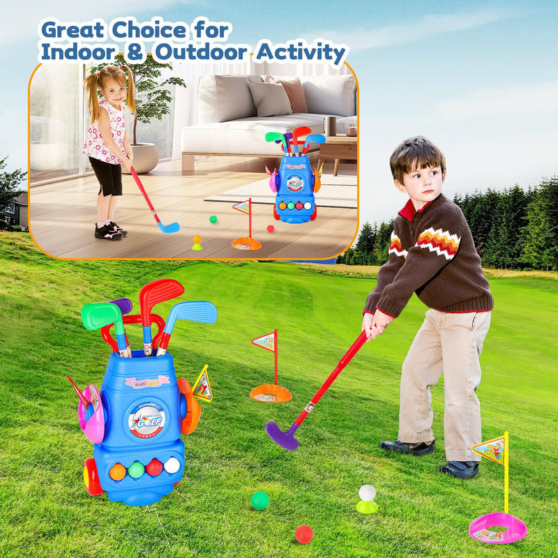 deAO Young Golfers Fun Beginners Set Kit for 3-10 YEAR OLDS, Kids – Golf Clubs, Cart, Holes and Play Balls Included - Golf Gift