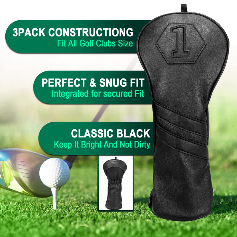 Golf Club Head covers Wood Set 3 PACKS 1FH DR FW UT for Driver Fairway Hybrid with No.Tag Black PU Leather Elastic Closure - Golf Gift