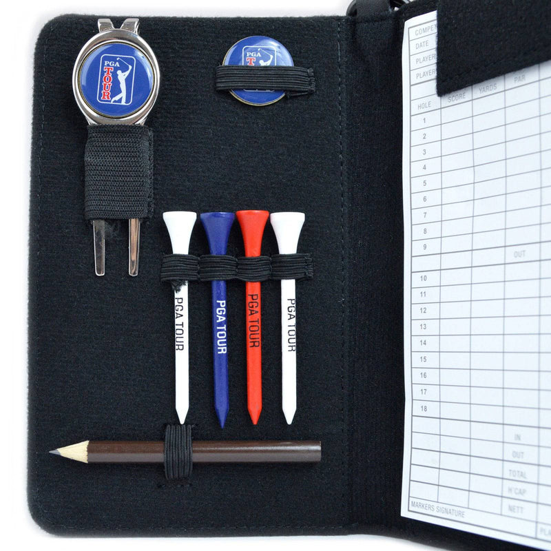 PGA Tour Real Leather Golf Organiser with Scorecard, Holder and Accessories - Black, H23.5, W14.5, D2.6cm. - Golf Gift