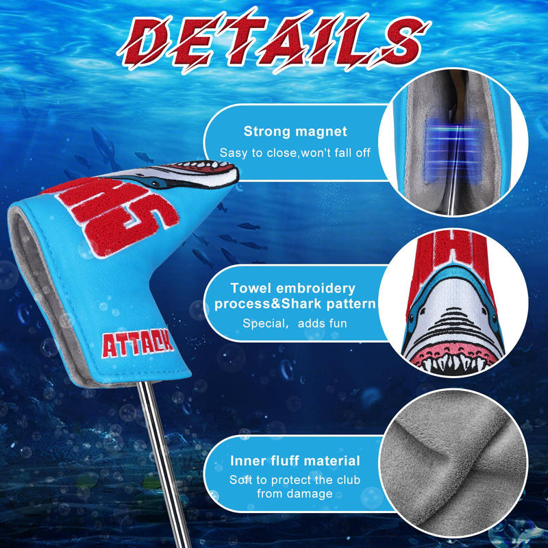 Golf Putter Blade Club Head Cover Pingtype Magnetic Blue PU Leather Towel Embroidery Process Shark Embroidery - Golf Gift