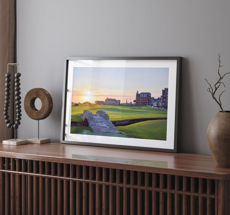 Lithobee - Swilcan Bridge Old Course At Sunrise St Andrews - Printed Wall Art Design in Sizes A2, A3 & A4 Framed in a Stylish Quality Coloured Frame or Unframed (A4 White Saw Cut Grain Frame) - Golf Gift