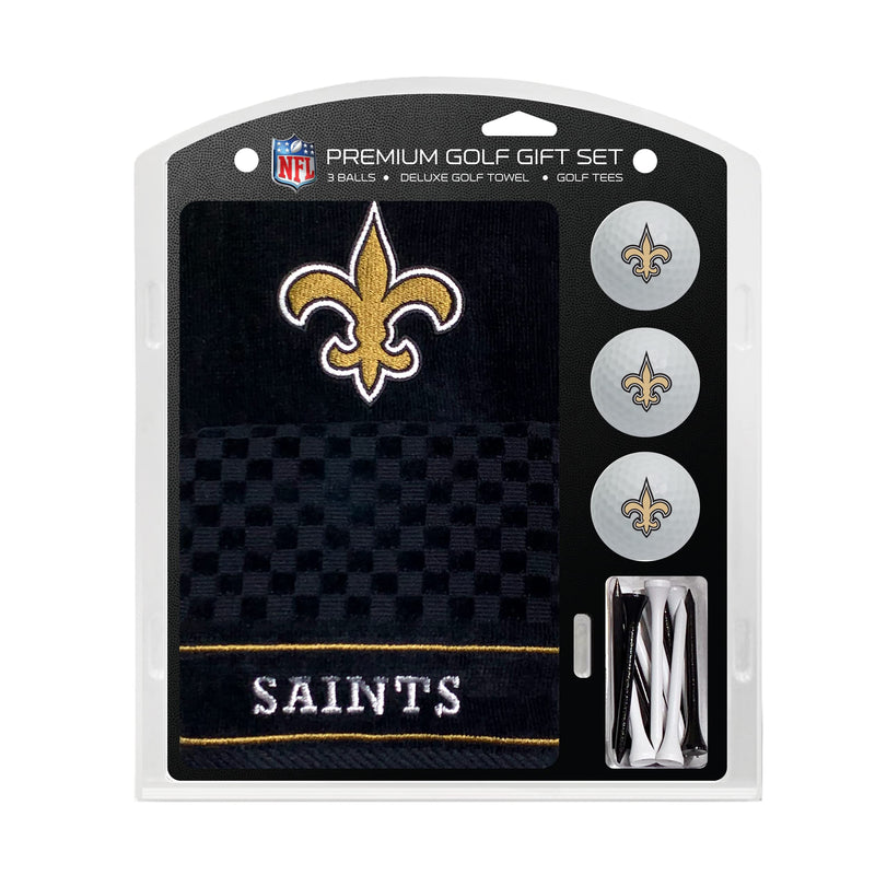 Team Golf NFL New Orleans Saints Gift Set: Embroidered Golf Towel, 3 Golf Balls, and 14 Golf Tees 2-3/4" Regulation, Tri-Fold Towel 16" x 22" & 100% Cotton - Golf Gift