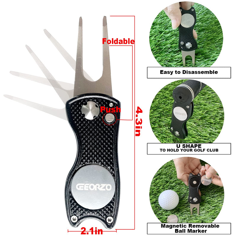 GEEORZO Golf Accessories, Retractable Golf Club Brush, Foldable Golf Divot Repair Tool, Microfiber Golf Towel for Golf Bags with Clip (Black) - Golf Gift