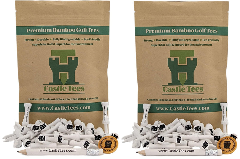 Castle Tees White 2 Pack – 80 pcs x 51mm 2 inch White Premium Bamboo Golf Tees with a Free Ball Marker & Free Pencil. Twice the strength of regular bamboo very strong & durable & a Great Golf Gift. - Golf Gift