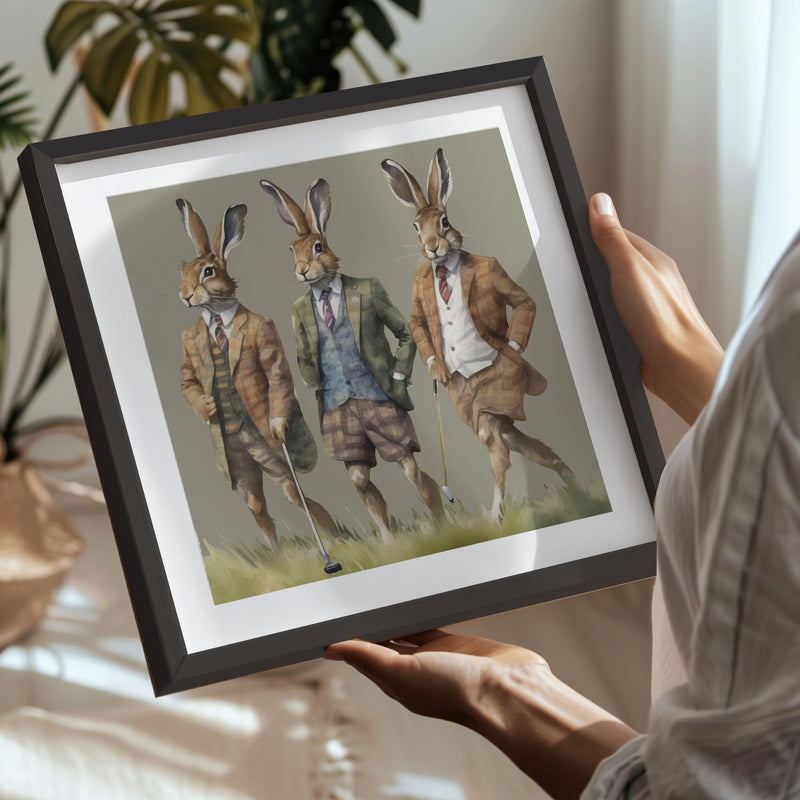 Designed By Lorna Watercolour Sporting Golf Hares Country Wall Art Print Framed Picture or Unframed (12x12 Framed Picture) - Golf Gift