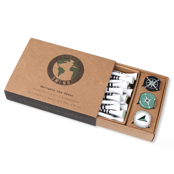 Green Swing Bamboo Golf Tees & Compass Ball Markers | Navigate the Green | Golf Gift Set - Golf Gift