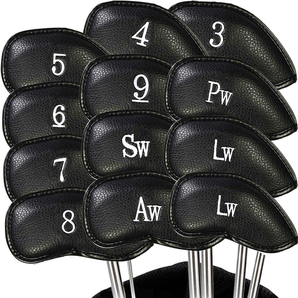 Golf Club Headcovers Iron Synthetic Leather Deluxe Value 12 Pack Color Black, Golf Head Covers with Number Printed Durable Light for Men Women Universal Fit All Irons Clubs (Black) - Golf Gift