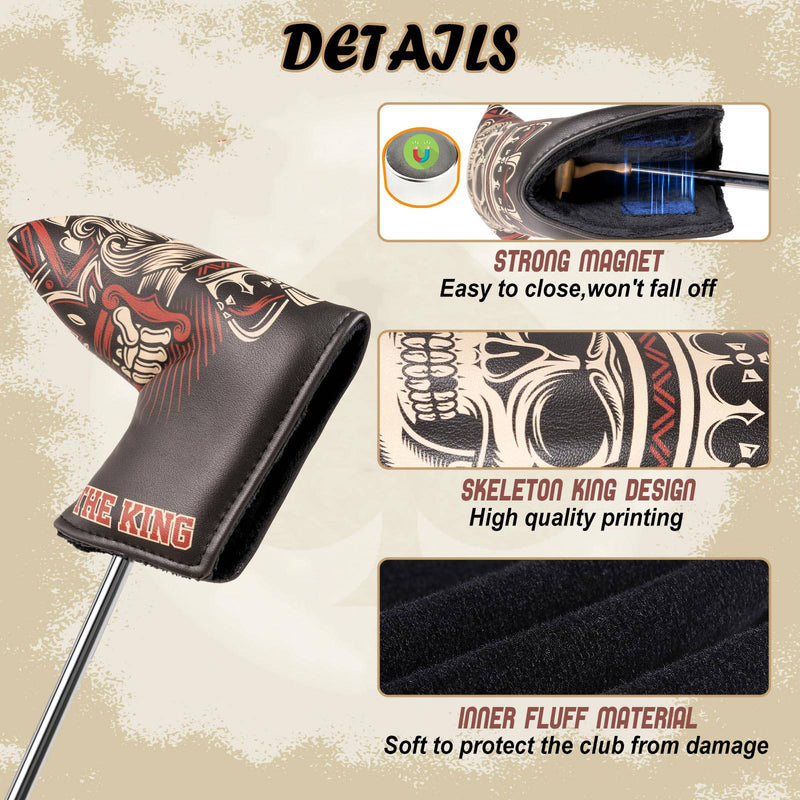 Golf Putter Blade Club Head Cover Pingtype Magnetic Black PU Leather Skeleton King - Golf Gift