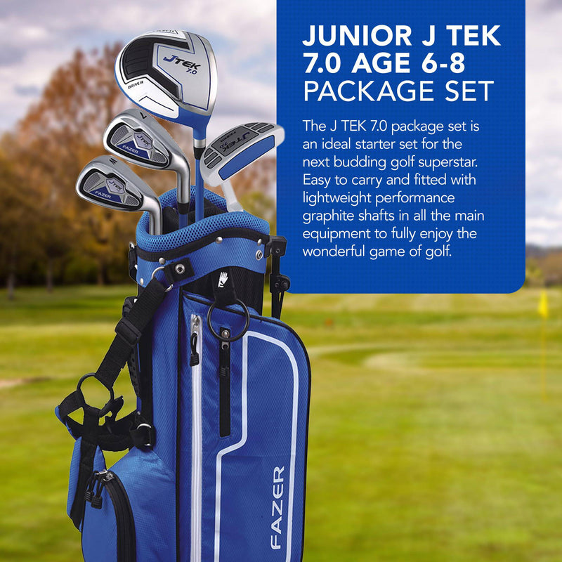 FAZER Junior J TEK 7.0 Kids Golf Set with Oversize Driver, 7 Iron, Wedge, Putter, Bag & Headcovers - Lightweight Graphite Shafts, Soft Grips - Starter Kids Golf Clubs Ages 6-8 - Golf Gift