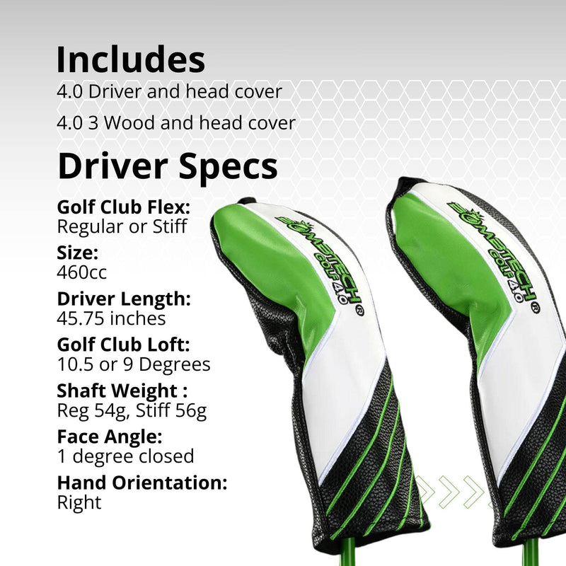 BombTech Golf - 4.0 Driver and 3 Wood Bundle - Premium Golf Wood Set for Men - Easy to Hit Off Tee - Max Forgiveness and Accuracy (9 Stiff) - Golf Gift