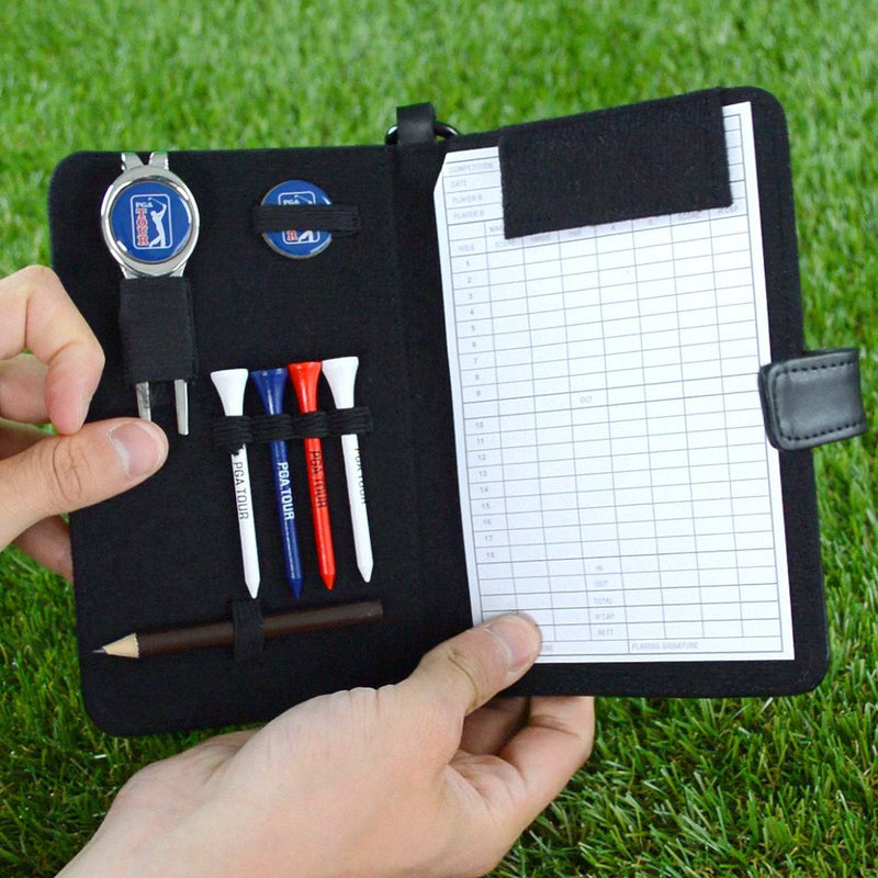 PGA Tour Real Leather Golf Organiser with Scorecard, Holder and Accessories - Black, H23.5, W14.5, D2.6cm. - Golf Gift