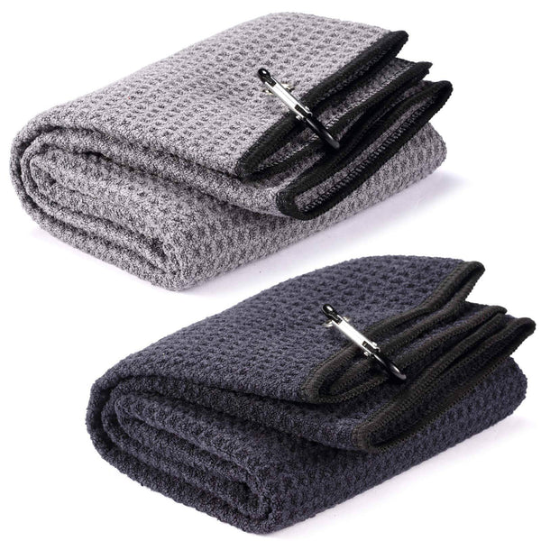 Yizerel 2 Pack 16" x 24" Tri-fold Golf Towel Set, Microfiber Fabric Waffle Pattern Towels, Heavy Duty Carabiner Clip (2 Pcs, 2 Colors) - Golf Gift