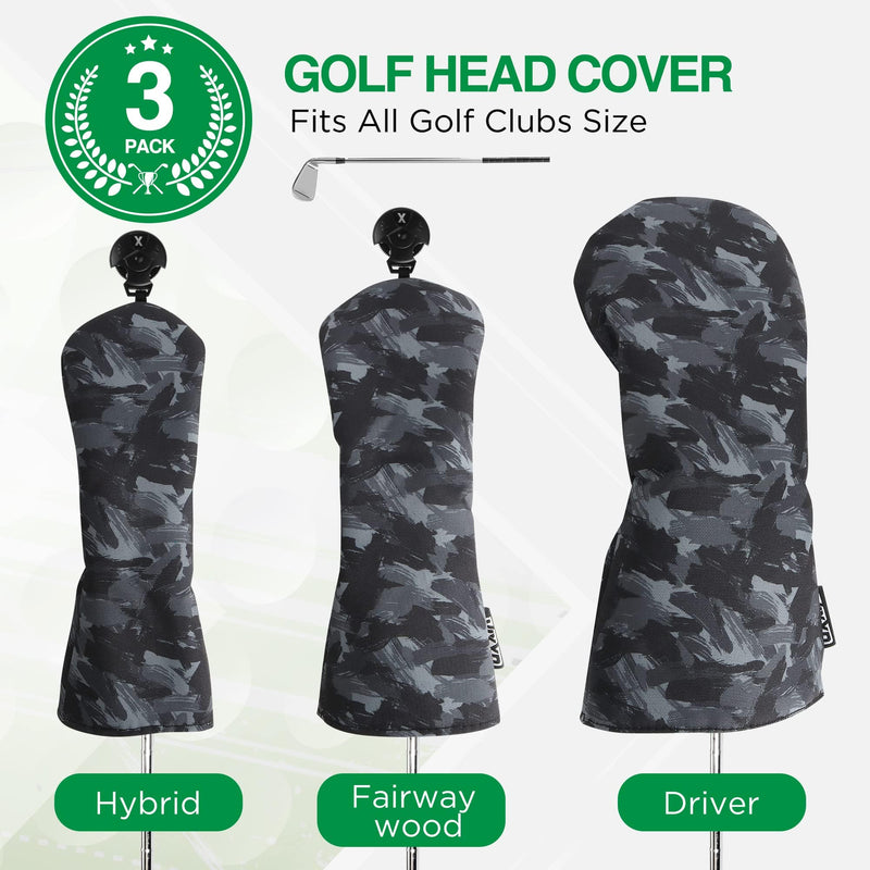 VIXYN Golf Club Covers - 3 Pack Golf Club Head Covers for Driver, Woods and Hybrid - Driver Headcover to Fit All Golf Clubs (Black Brush) - Golf Gift