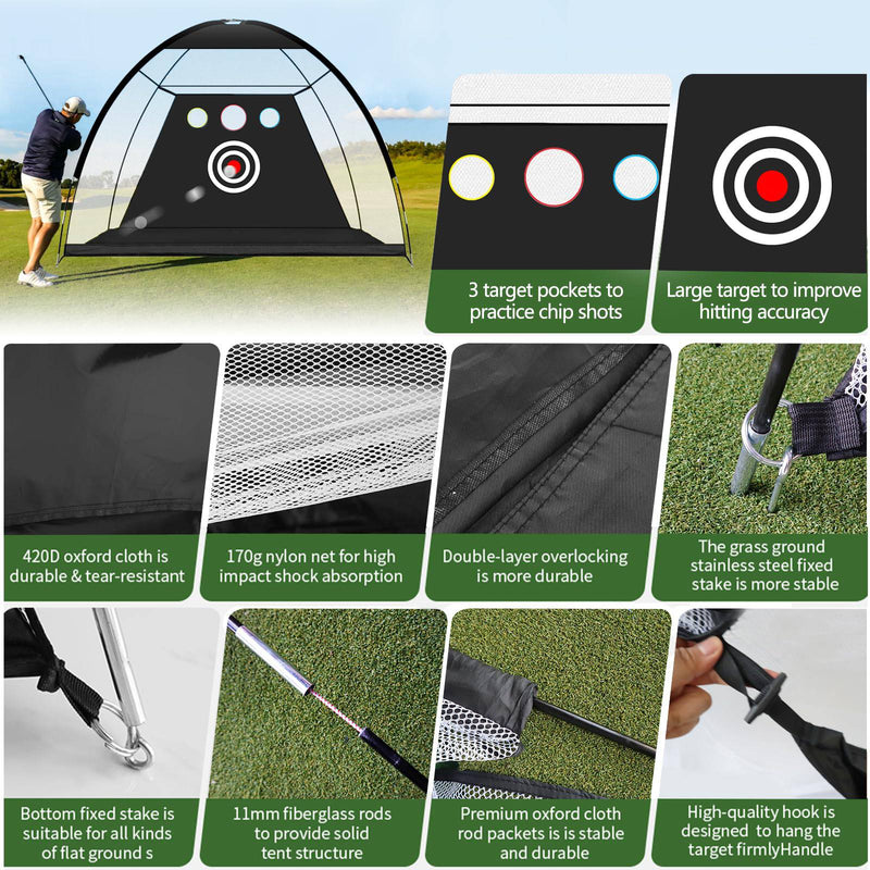 Golf Practice Hitting Net 10x7 Ft with Swing Training Targets and Carry Bag, Golf Foldable Net for Kids Adult Indoor Outdoor Home Backyard Sports (10x7.0ft with 3 Holes) - Golf Gift