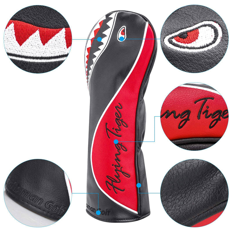 Craftsmann Golf Shark Flying Tiger Black and Red Driver Headcover Fits up to 460cc (For Driver) - Golf Gift