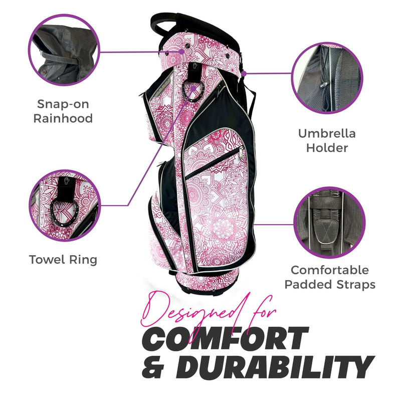 Womens Golf Bag - Taboo Fashions Lightweight Ladies Cart Bag, 14-Way, 7 Zippered Pockets, Rain Hood, Insulated Beverage Compartment (Pink Mandala) - Golf Gift