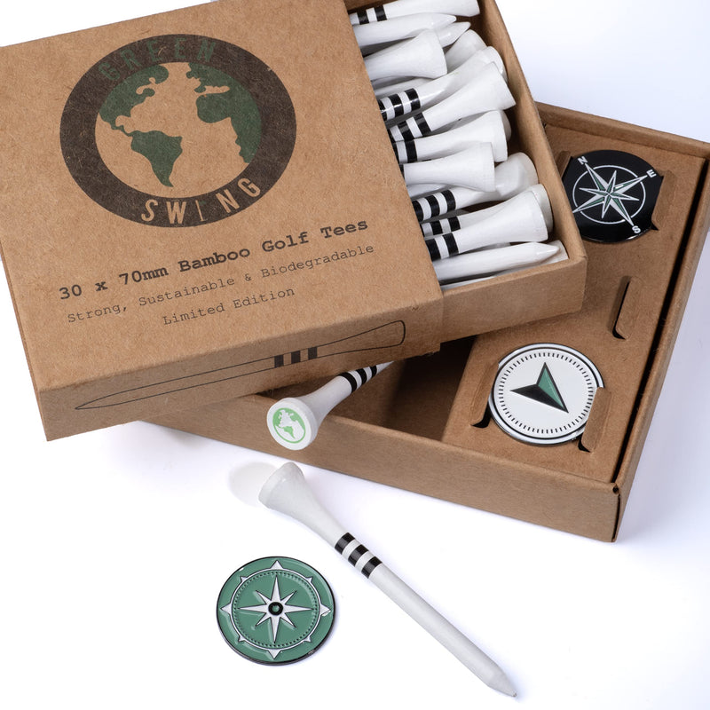 Green Swing Bamboo Golf Tees & Compass Ball Markers | Navigate the Green | Golf Gift Set - Golf Gift