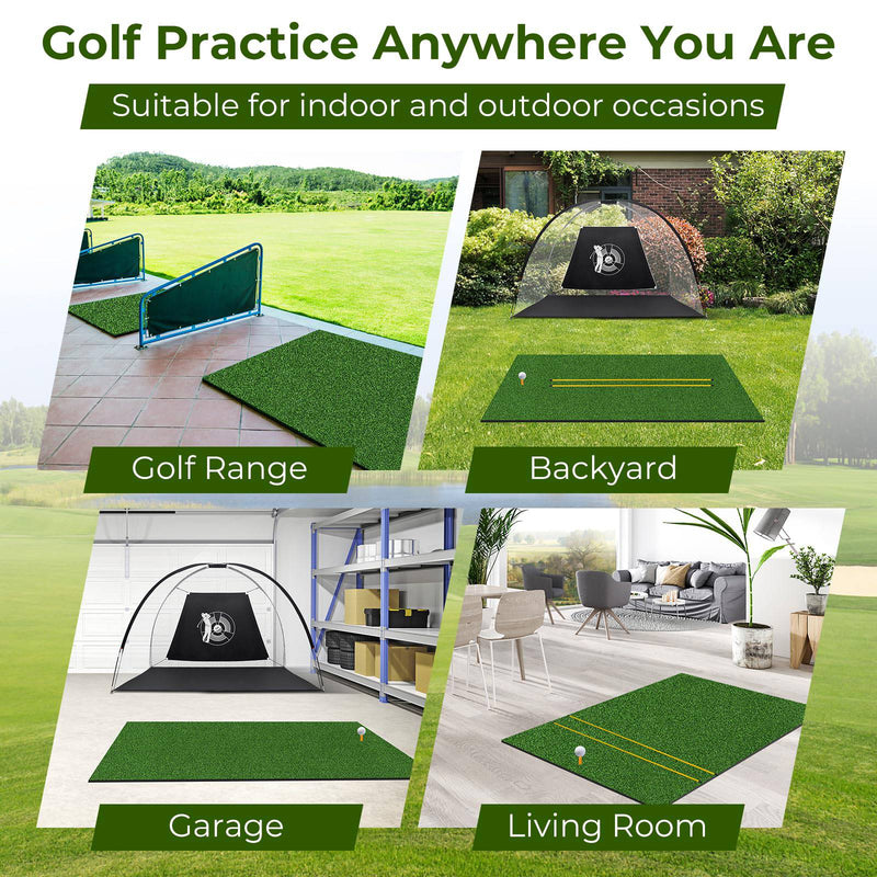 COSTWAY Golf Hitting Mat, 5 x 3 FT/5 x 4 FT Artificial Turf Mat with 2 Rubber Tees and 2 Alignment Sticks, Golf Training Mat for Home Backyard Garage (152 x 92 cm,28mm thick) - Golf Gift