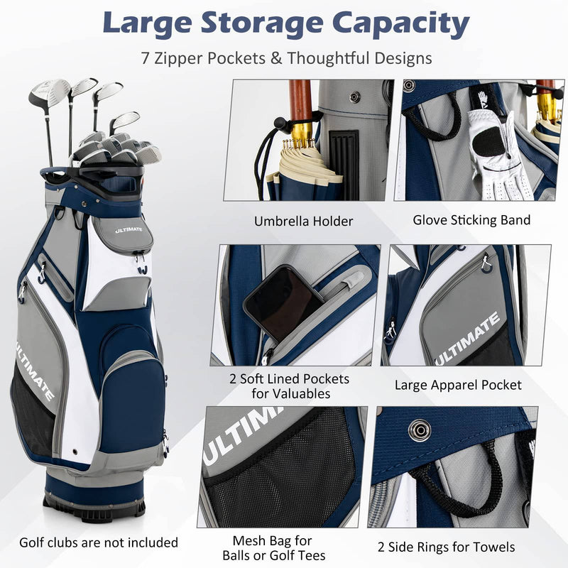 COSTWAY Golf Cart Bag with 14 Way Dividers, 7 Pockets, Rain Cover and Shoulder Strap, Lightweight Golf Clubs Strorage Bags for Men & Women (Navy + Grey) - Golf Gift