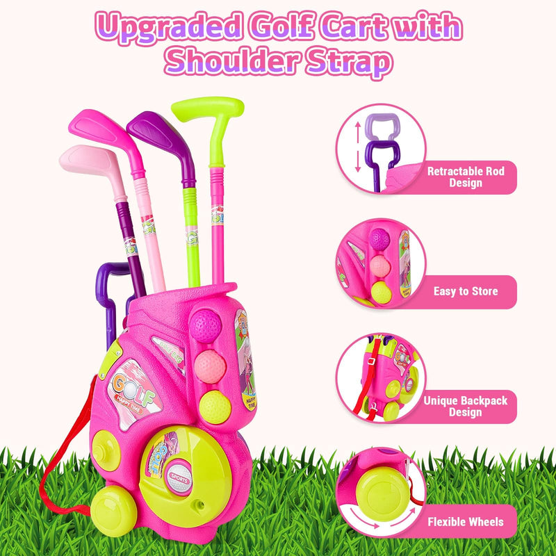 deAO Golf Set for Kids, Kids Golf Suitcase Toy Set, Outdoor Indoor Sports Toys, Golf Clubs Set Garden Game for Boys Girls Toddlers 3 4 5 6 7 8 9 10 Years Old (Pink) - Golf Gift