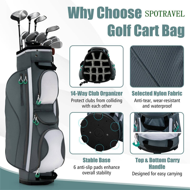 SPOTRAVEL Golf Cart Bag, Golf Club Bag with 14 Top Dividers & 7 Zipped Pockets, Lightweight Portable Golf Bag for Men and Women (Grey，34 cm x 29 cm x 90 cm) - Golf Gift