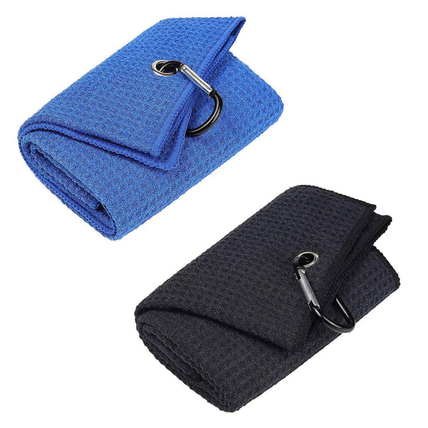 Vetoo Tri-fold Golf Towel | Premium Microfiber Fabric | Waffle Pattern | Heavy Duty Carabiner Clip for Hanging on Golf Club Bag (06.Black+Blue) - Golf Gift