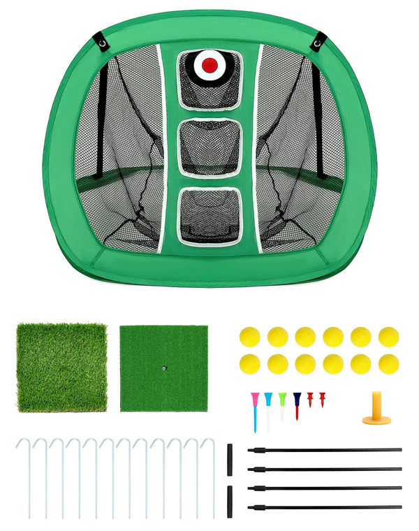 QWORK® golf chipping net, pop up golf practice net, with 2 golf mats and 12 training balls and golf tees accessories - Golf Gift