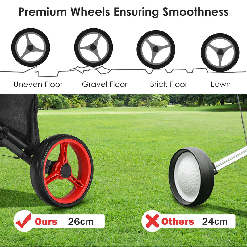 GYMAX 3 Wheels Golf Push Pull Cart, Lightweight Height Adjustable Golf Trolley with Storage Bag, Foot Brake, Umbrella Holder and Built-in Cooler, Foldable Golf Bag Holder (Red) - Golf Gift