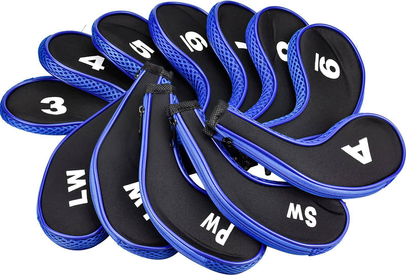 HAOSEA 12Pcs Golf Iron Head Cover,Printing Irons Head Covers Set Club Heads Protector Wedge Head covers with Zip (Black+Blue) - Golf Gift