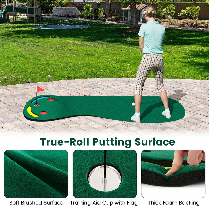 COSTWAY Golf Putting Green Set, Par Three Putting Mat with 3 Putting Cups, 1 Flag and Golf Hole Covers, Indoor Outdoor Putt Green Carpet for Golf Putting Practice - Golf Gift