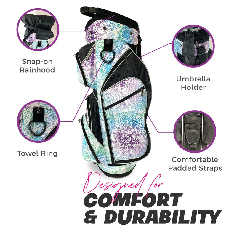 Womens Golf Bag - Taboo Fashions Lightweight Ladies Cart Bag, 14-Way, 7 Zippered Pockets, Rain Hood, Insulated Beverage Compartment (Mandala Dreams) - Golf Gift