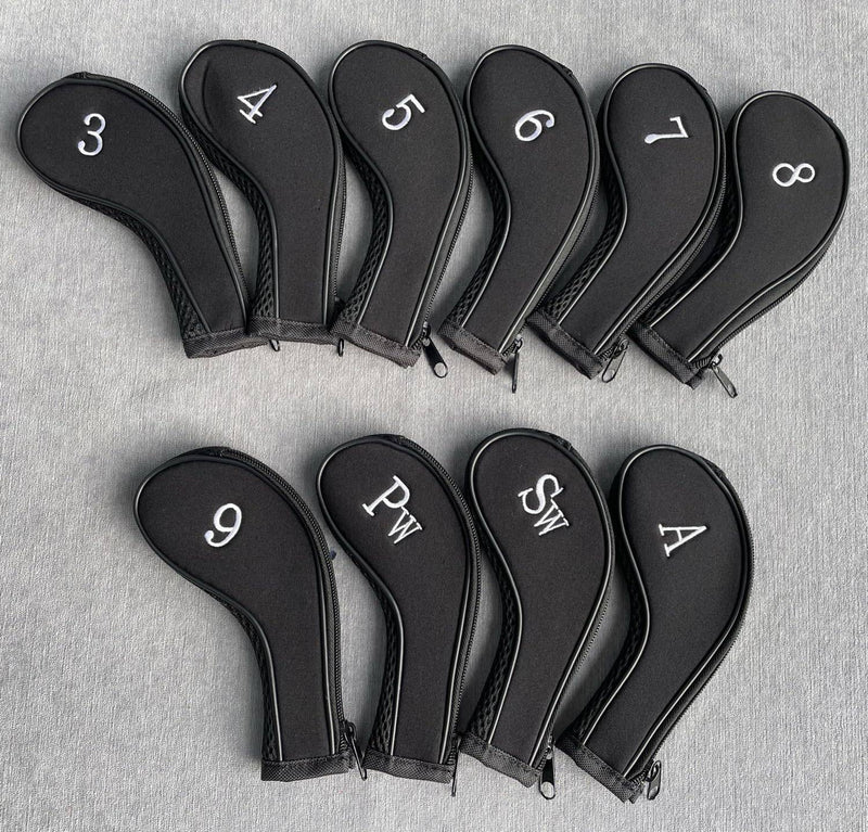 Golf Iron Headcovers Golf Club Head Cover Iron Wedge Head Protector with Zip and Embroidered Numbers (Black) - Golf Gift