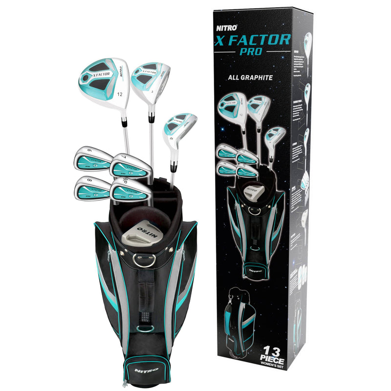 Nitro X Factor 13 Piece Golf Set All Graphite Ladies, Right Handed, Teal/Silver - Golf Gift