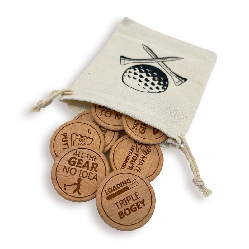 Funny Golf Ball Markers | Set of 8 Novelty Wooden Engraved Markers + Drawsting Bag | Joke Golf Accessories For The Putting Green | Gift For Bad Putters | Golf Day Competition/Tournament Prize - Golf Gift