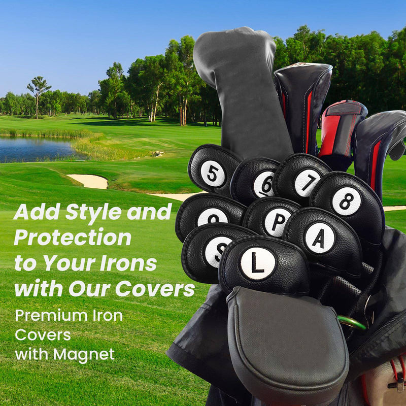 FINGER TEN Golf Club Head Covers for Irons Magnetic Closure Long Neck Value 9pcs/Set, Number Printed both Sides Headcovers Deluxe Synthetic Leather Professional (Black) - Golf Gift