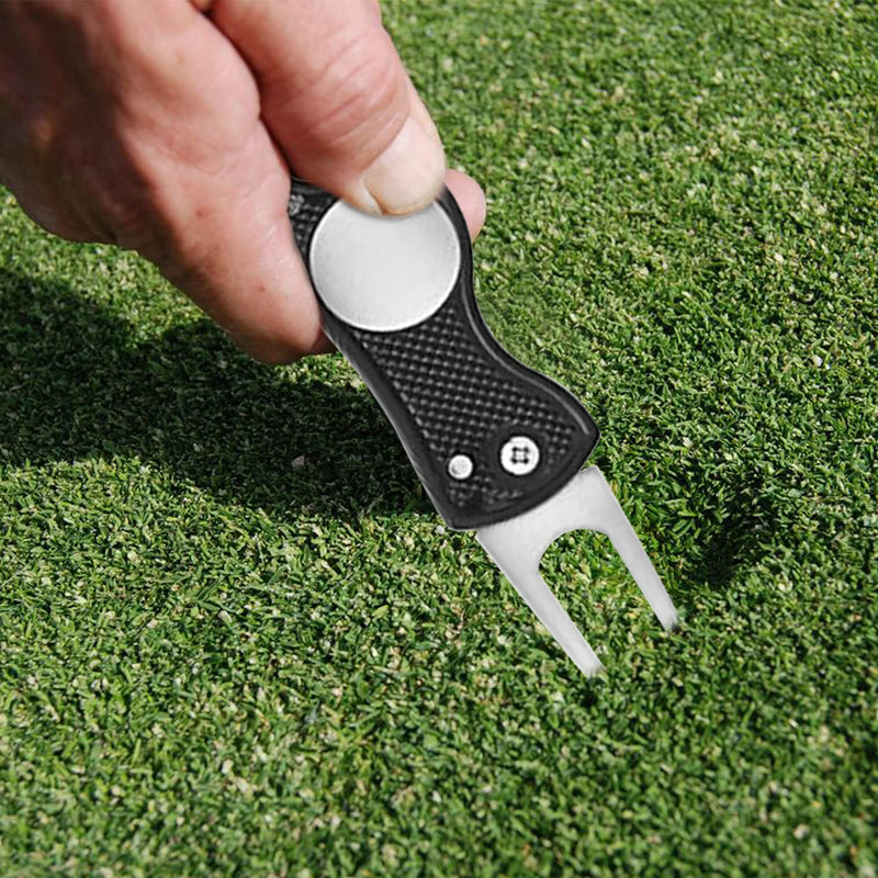 Stainless Steel Golf Divot Repair Tool 1Pcs Foldable Golf Divot Tool with Pop-up Button and Magnetic Ball Marker, Green Tool Accessories with Fork Tine Golf Pitch Mark Repair Tool - Golf Gift