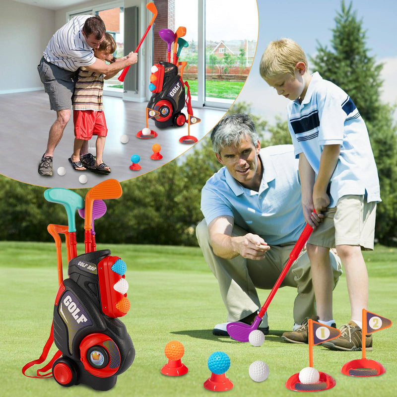 HYAKIDS Golf Set for Kids, Outdoor Garden Games Toy Golf Clubs Suitcase with 6 Balls, 3 Golf Clubs, 2 Practice Holes, Indoor Sports Toys for Toddlers Boys Girls - Golf Gift