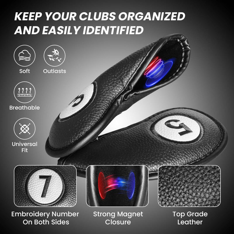 FINGER TEN Golf Club Head Covers for Irons Magnetic Closure Long Neck Value 9pcs/Set, Number Printed both Sides Headcovers Deluxe Synthetic Leather Professional (Black) - Golf Gift