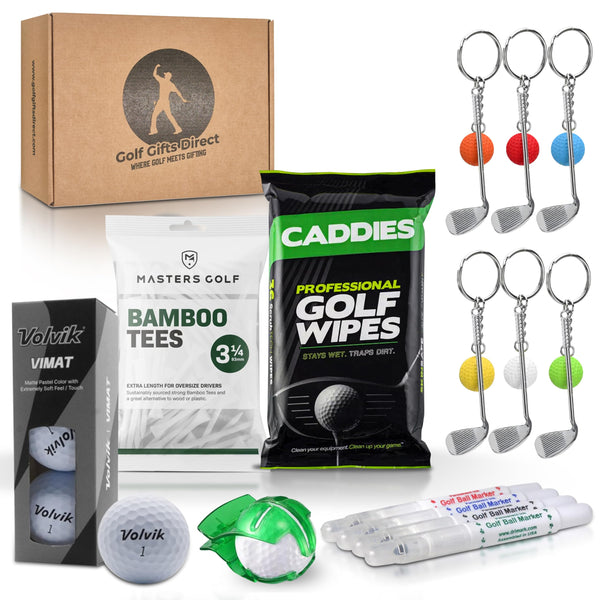 Golf Gifts Direct | The Golfer's Survival Kit | Mens Golf Gift Set | 6 Items Packed in our Eco Gift Box | Golf Balls, Caddy Wipes, Bamboo Golf Tees, Alignment Aid, Keyring and Mini Golf Pen.