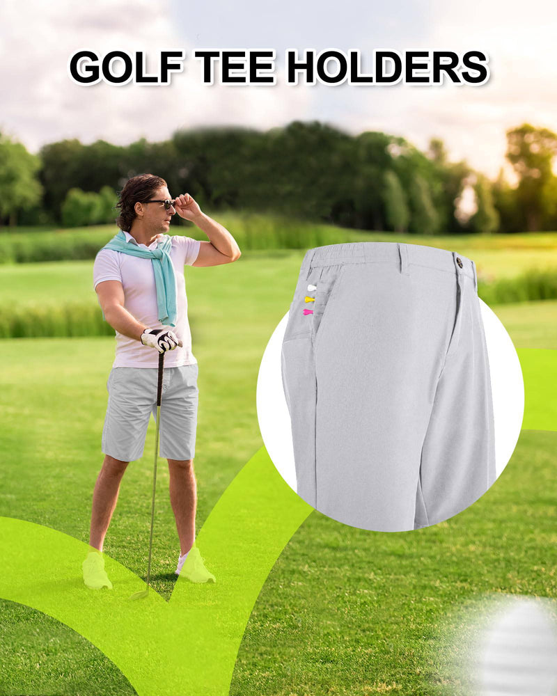 Outdoor Ventures Men's Golf Shorts 9'' UPF 50+ Bermuda Shorts 4-Way Stretch Lightweight Quick-Drying Shorts with 3 Tee-Holders and 4 Pockets for Golfing Silver Grey 34 - Golf Gift